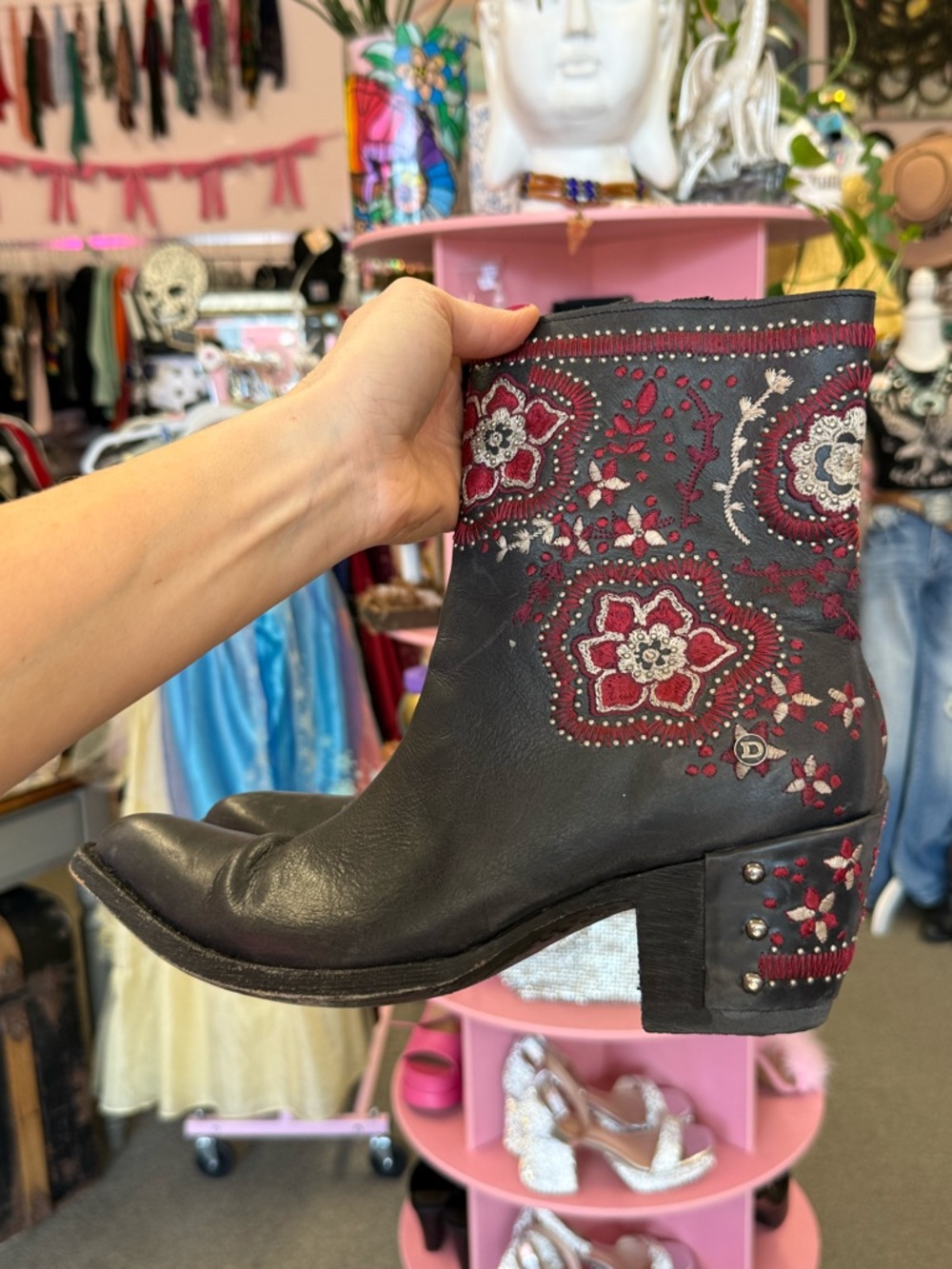 Old Gringo Navy Leather Ankle Boots with Red Floral Embroidery